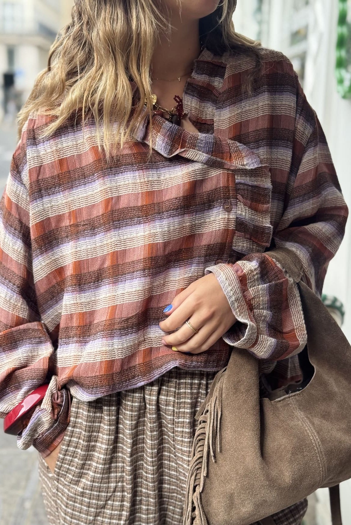 Blouse marron femme à volants, style bohème chic