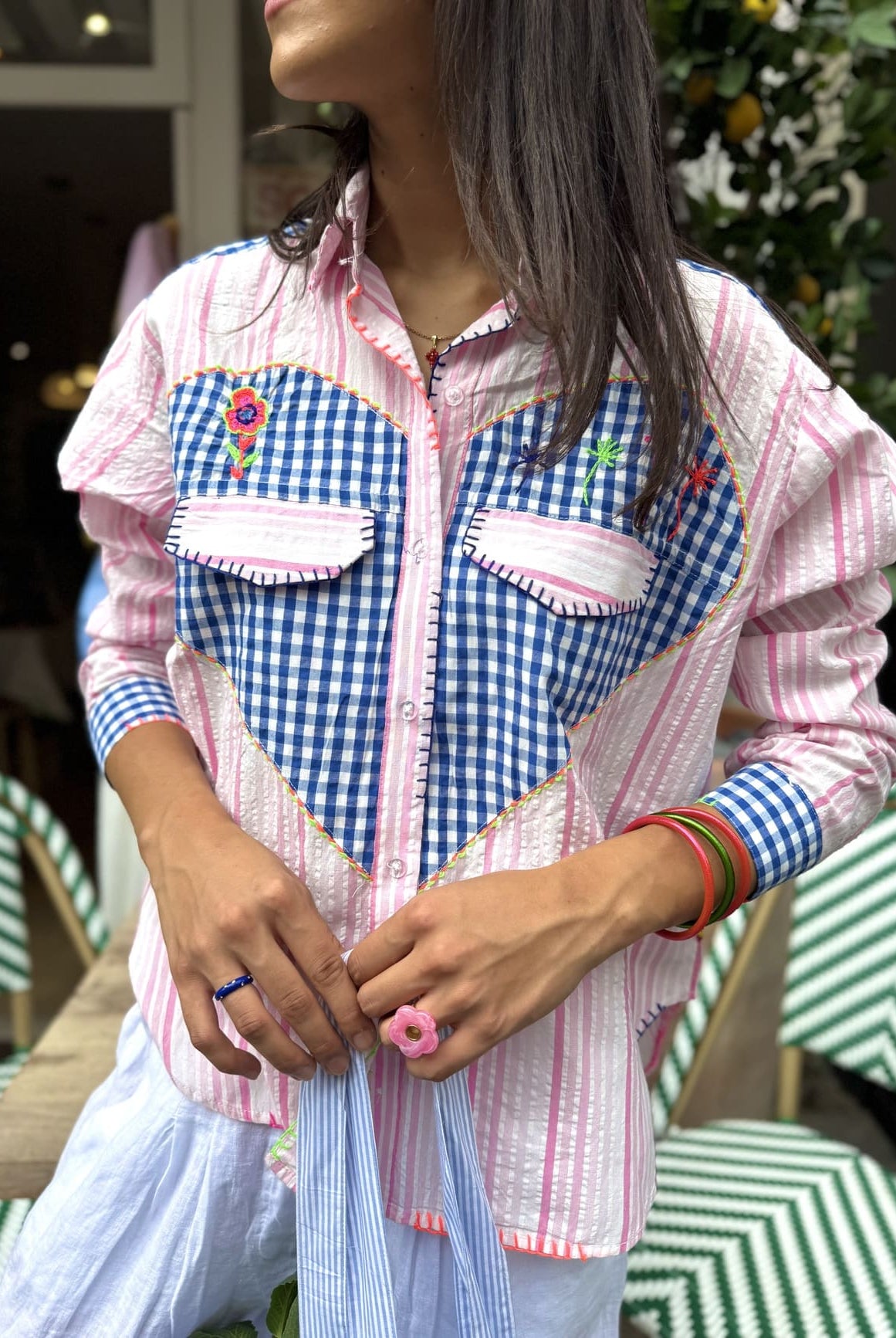 Chemise originale rayures roses et vichy bleu