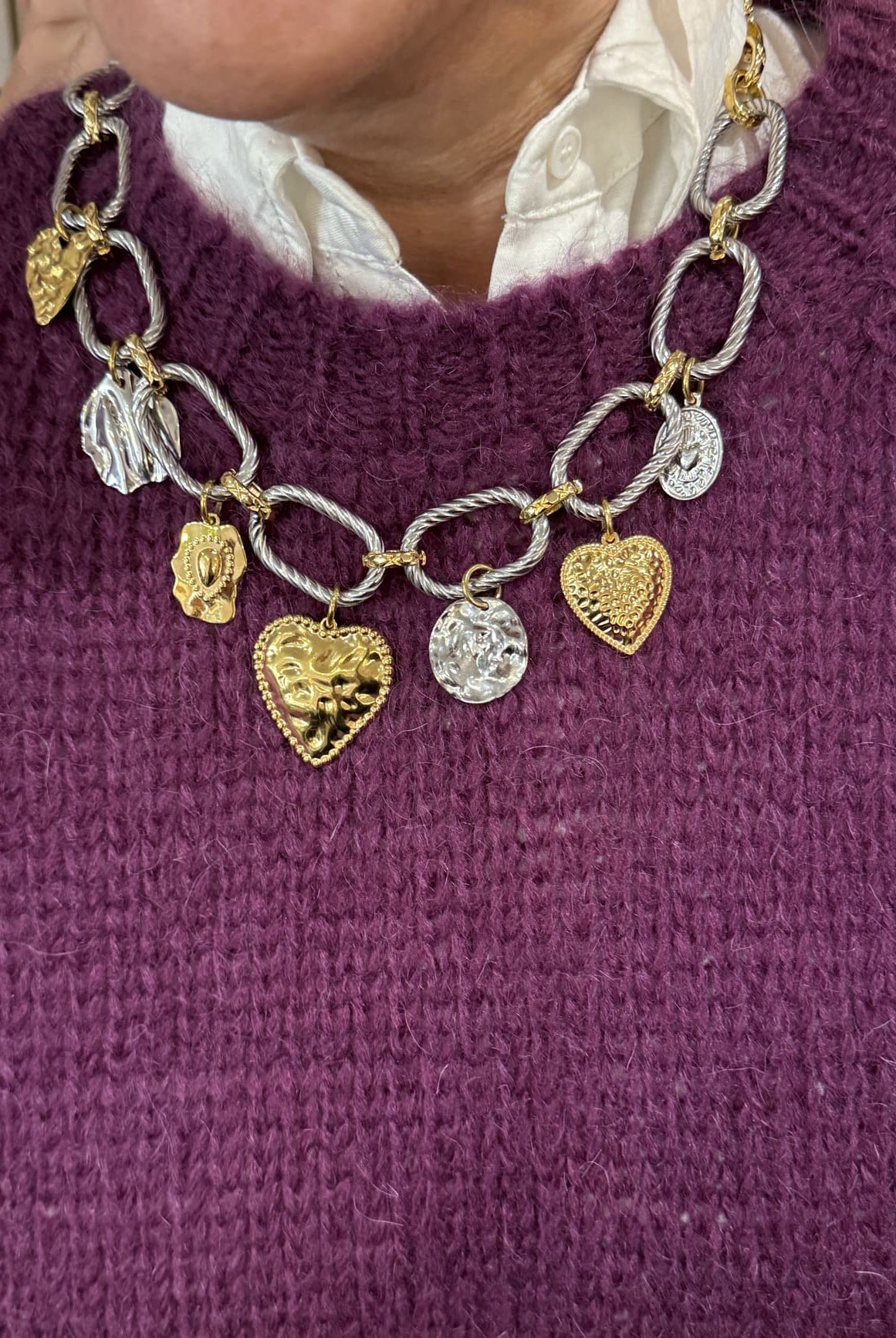 collier breloques en argent et or