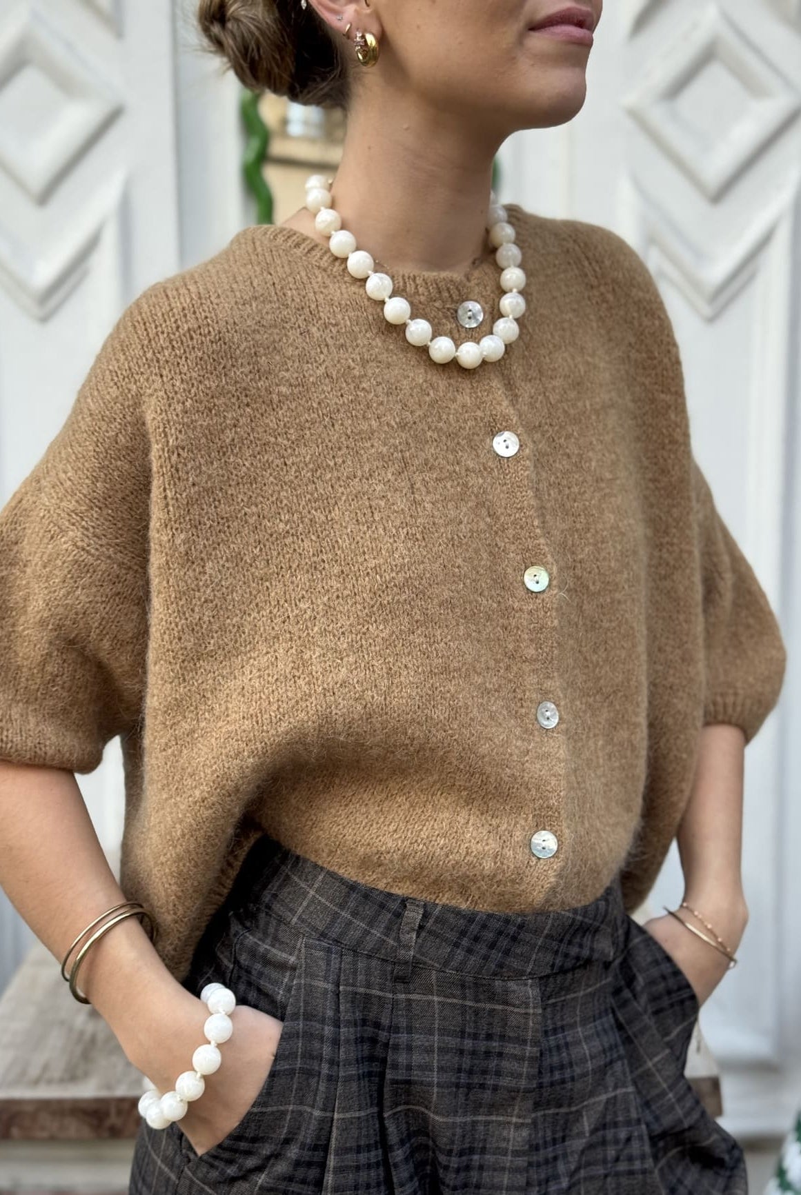 Gilet manches 3/4 camel vu de face