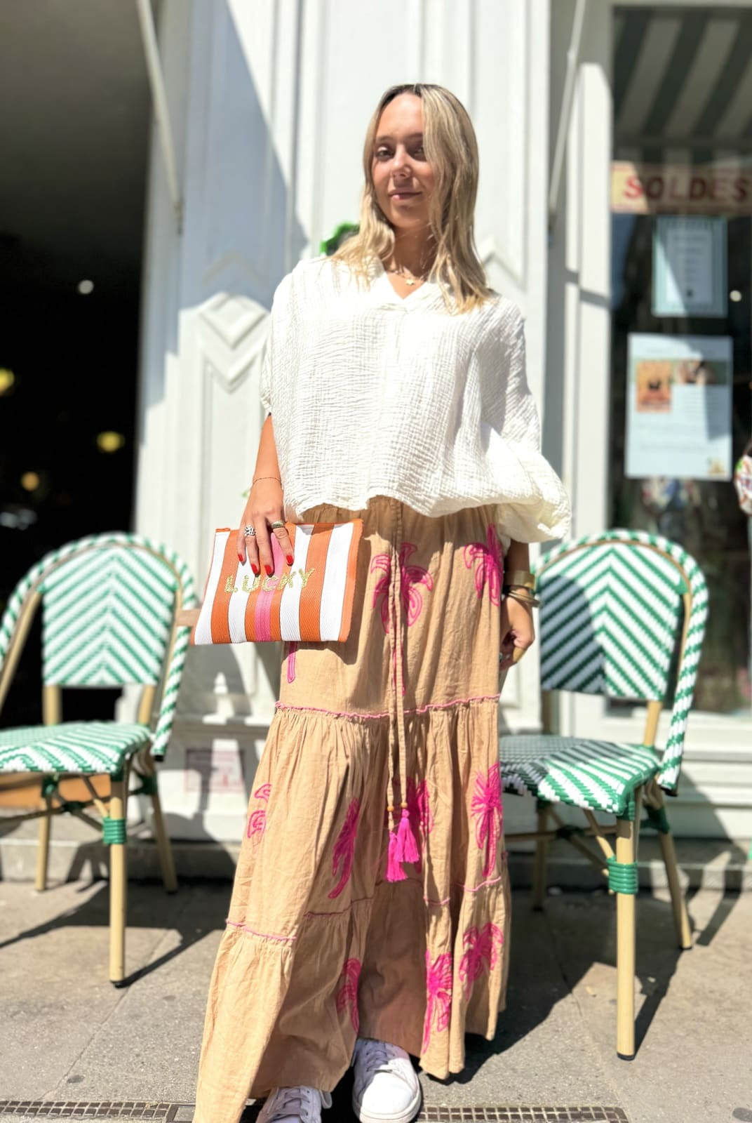 Jupe longue camel palmiers brodés en fuchsia