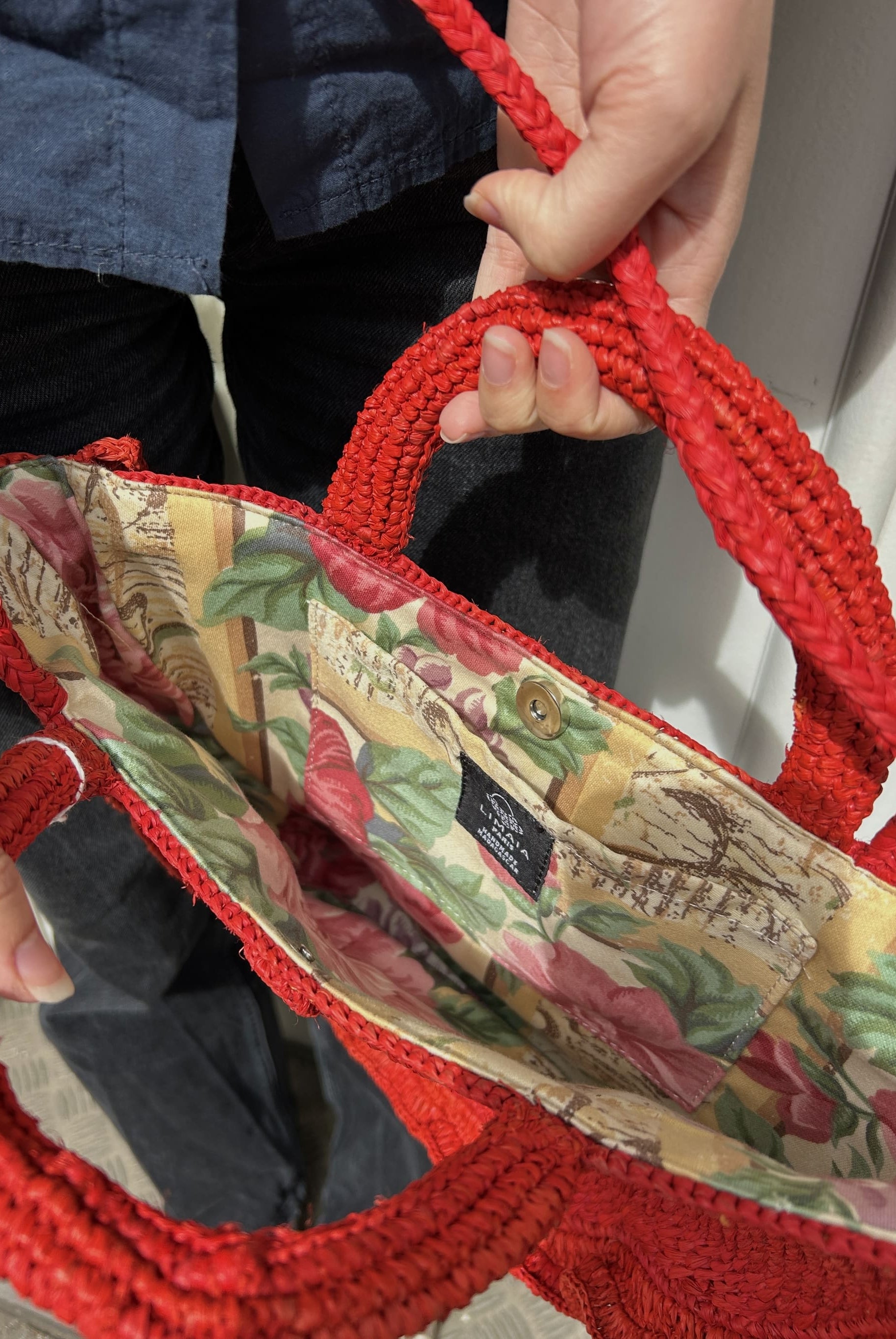 Panier d’été en raphia rouge, doublure en tissu fleui
