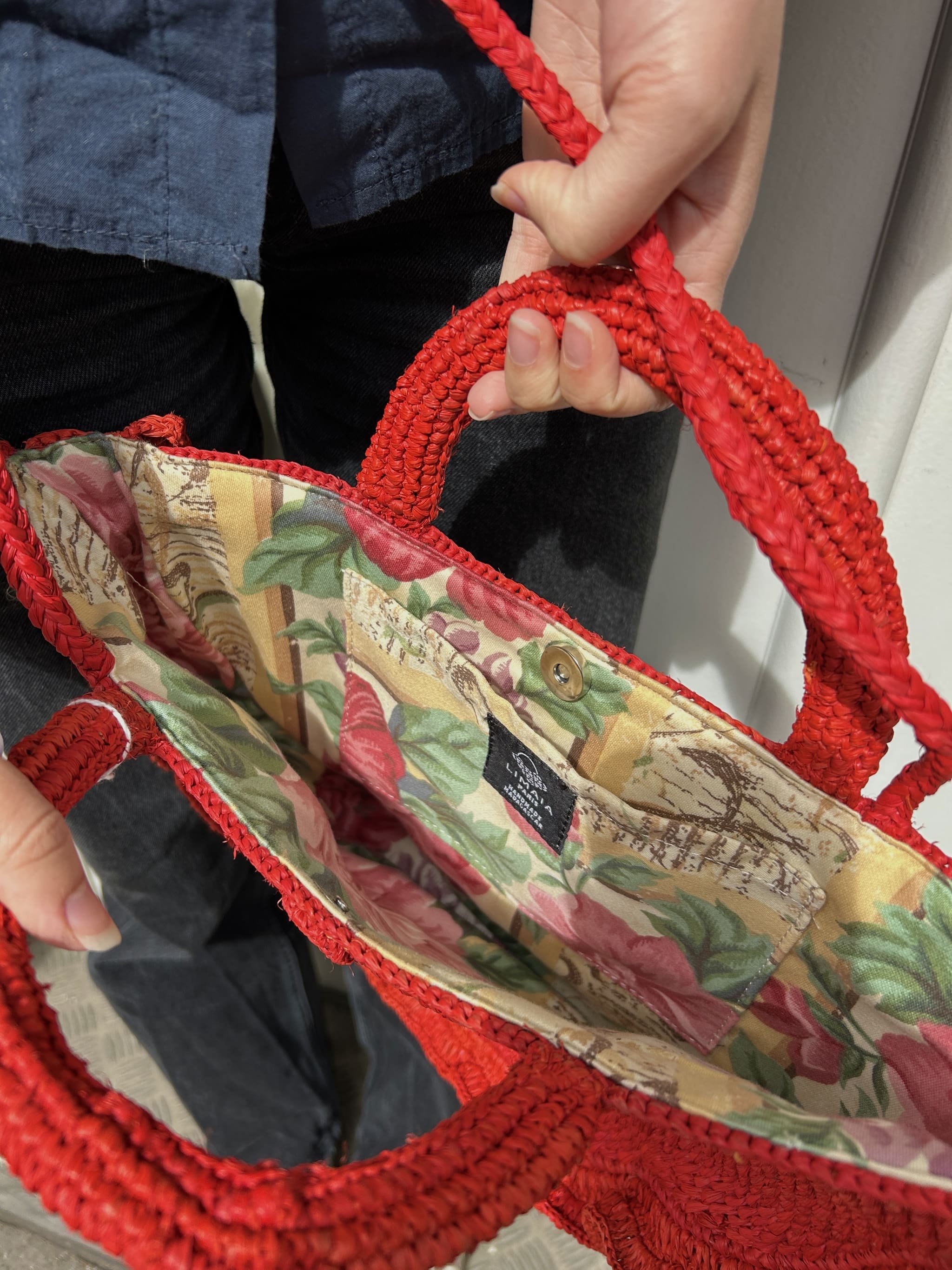 Panier d’été en raphia rouge, doublure en tissu fleui