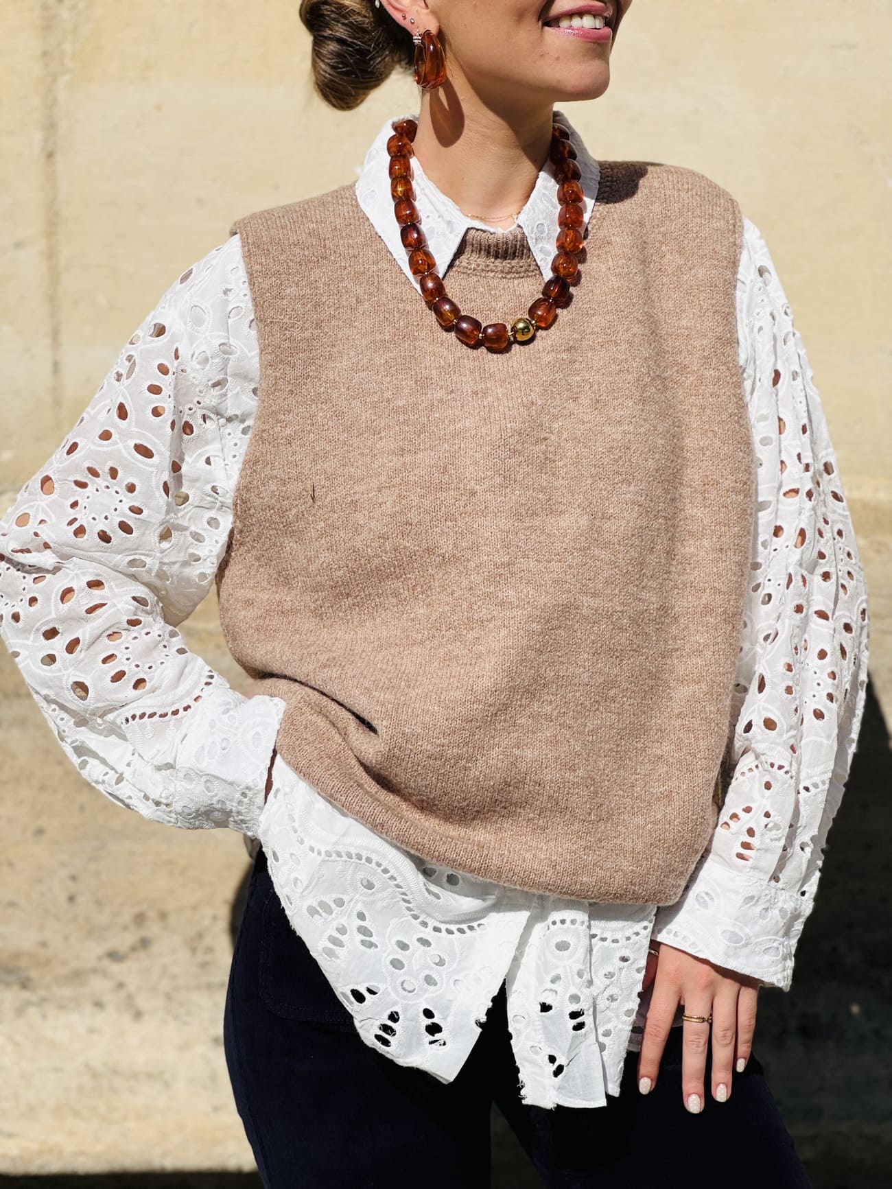 Pull sans manche camel - vu de face