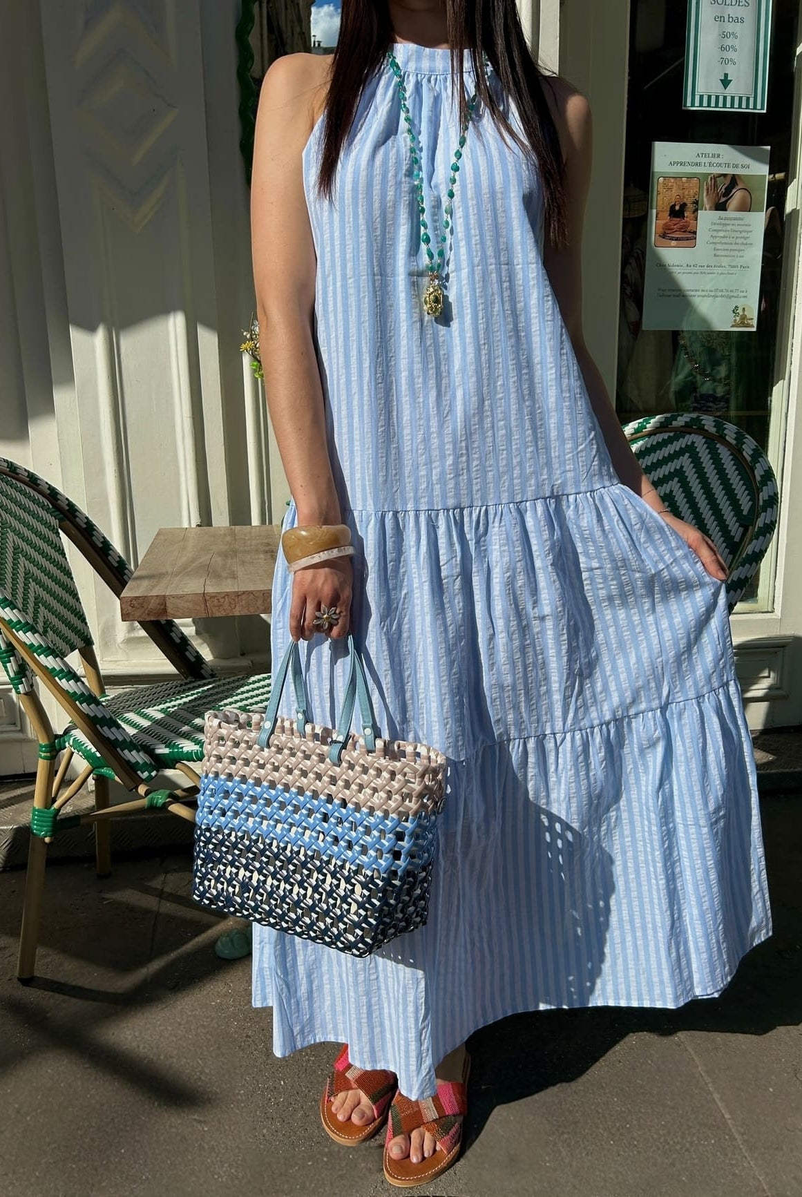 Robe longue en coton rayée bleu et blanc