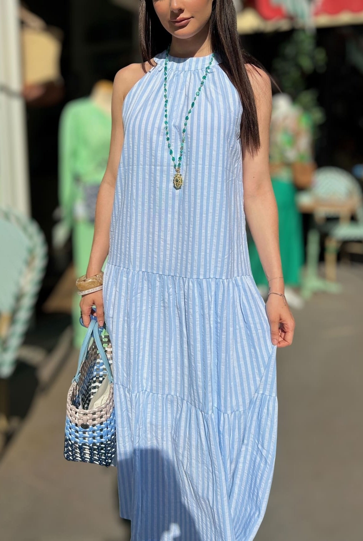 Robe longue rayée bleu et blanc