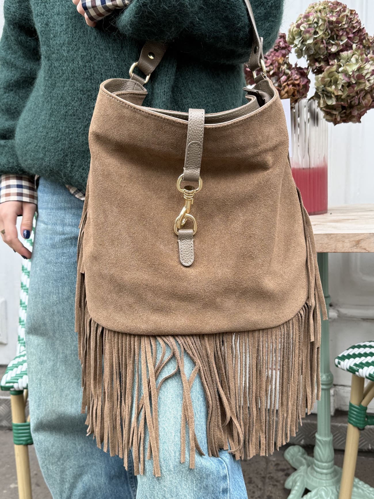 sac en daim taupe franges