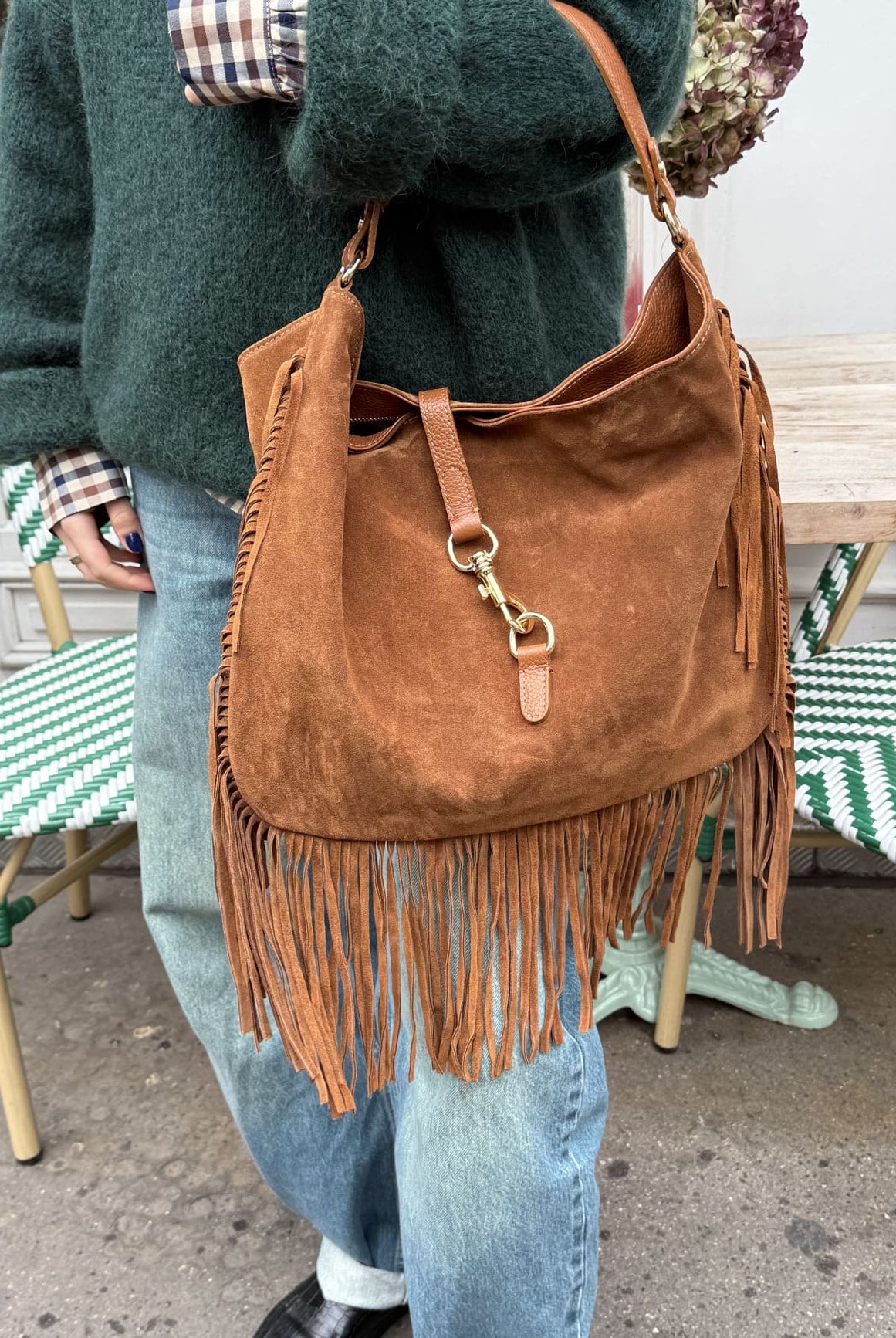 Sac en daim à franges camel vu de face