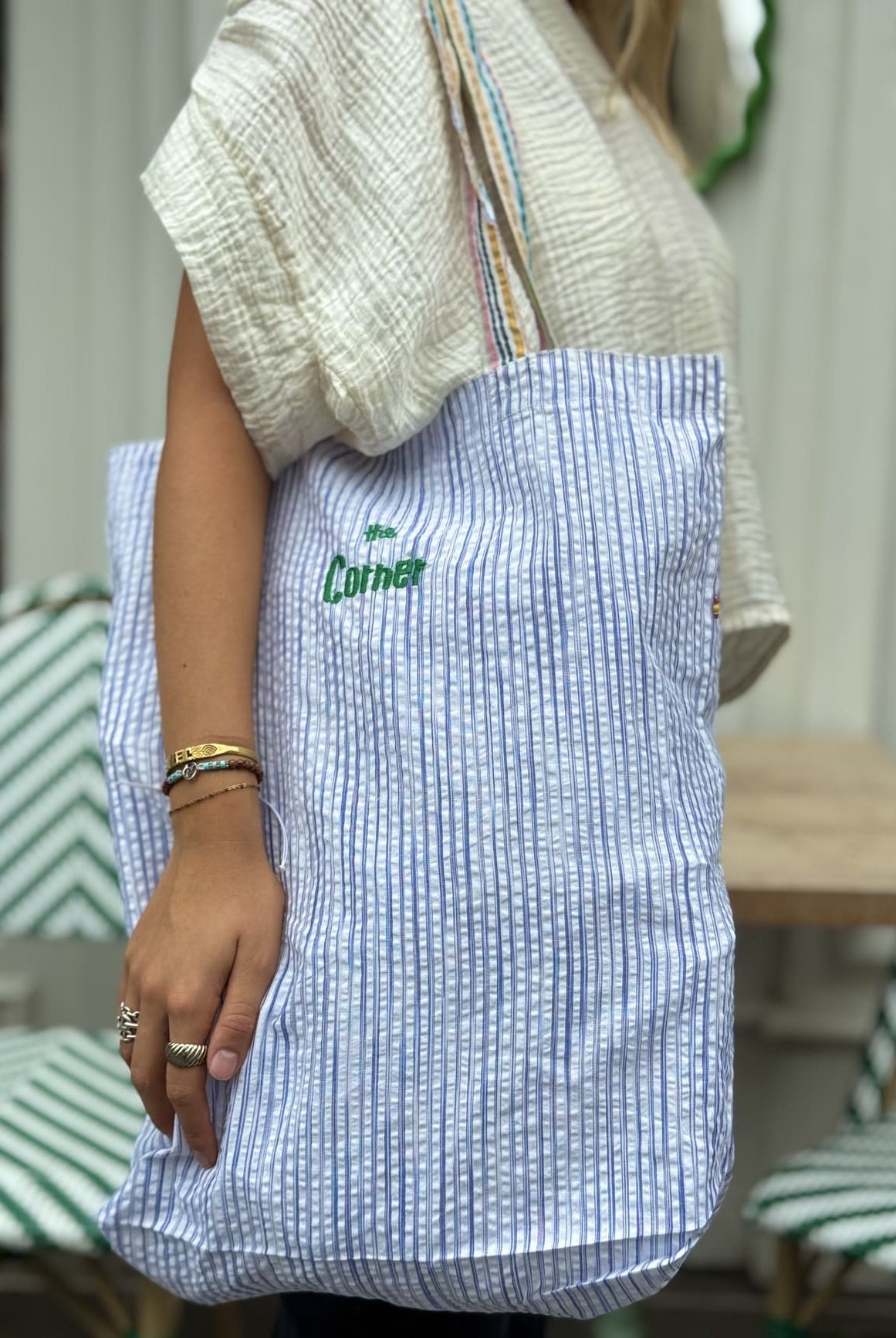 Tote bag personnalise à rayures bleu