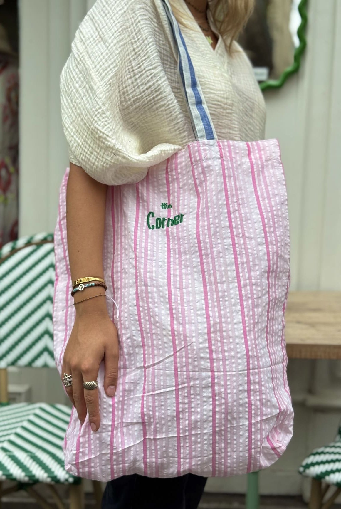 Tote bag en coton rayures pyjama