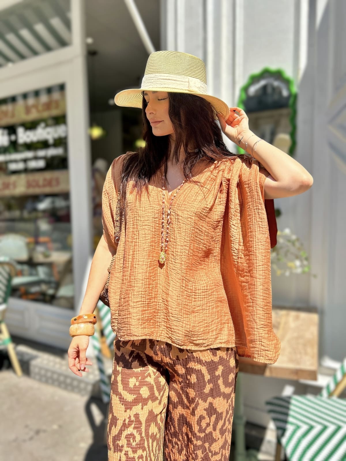 Tunique marron femme taille unique, vue de face, coupe fluide et ample