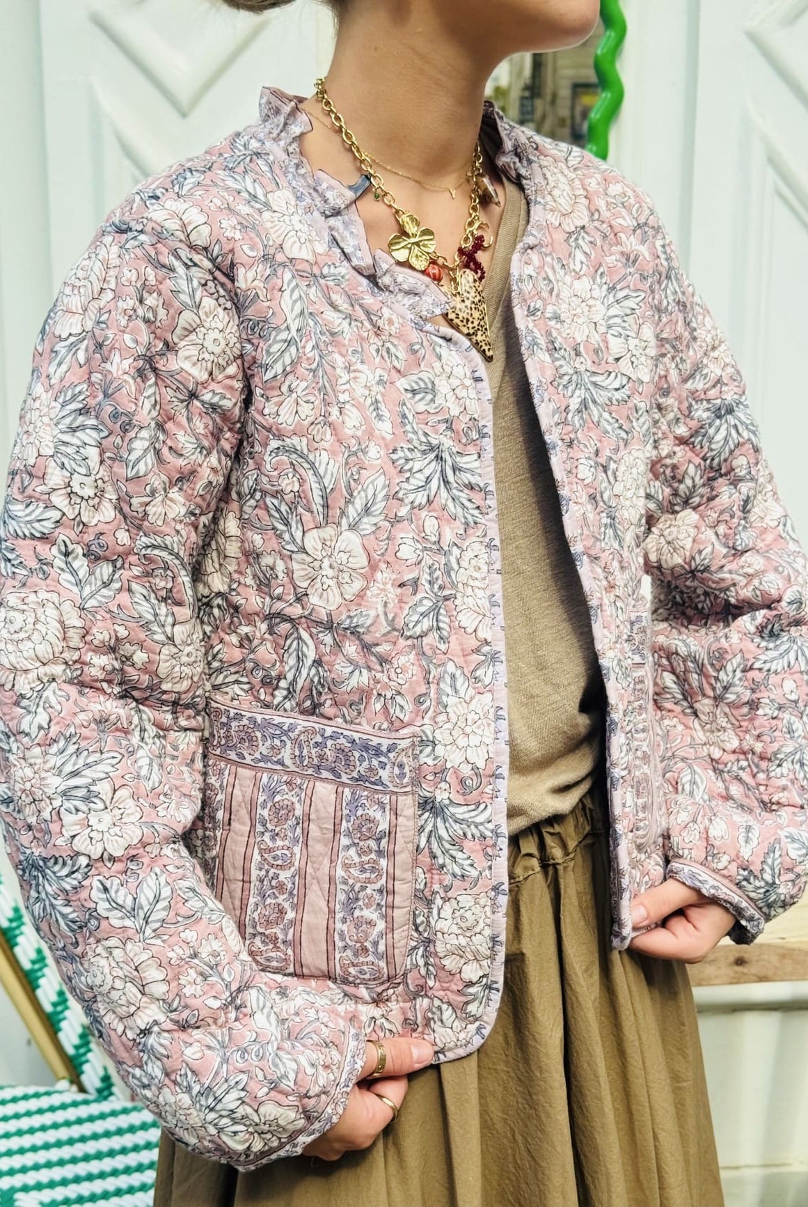 Veste en coton matelassée réversible pour femme rose et beige