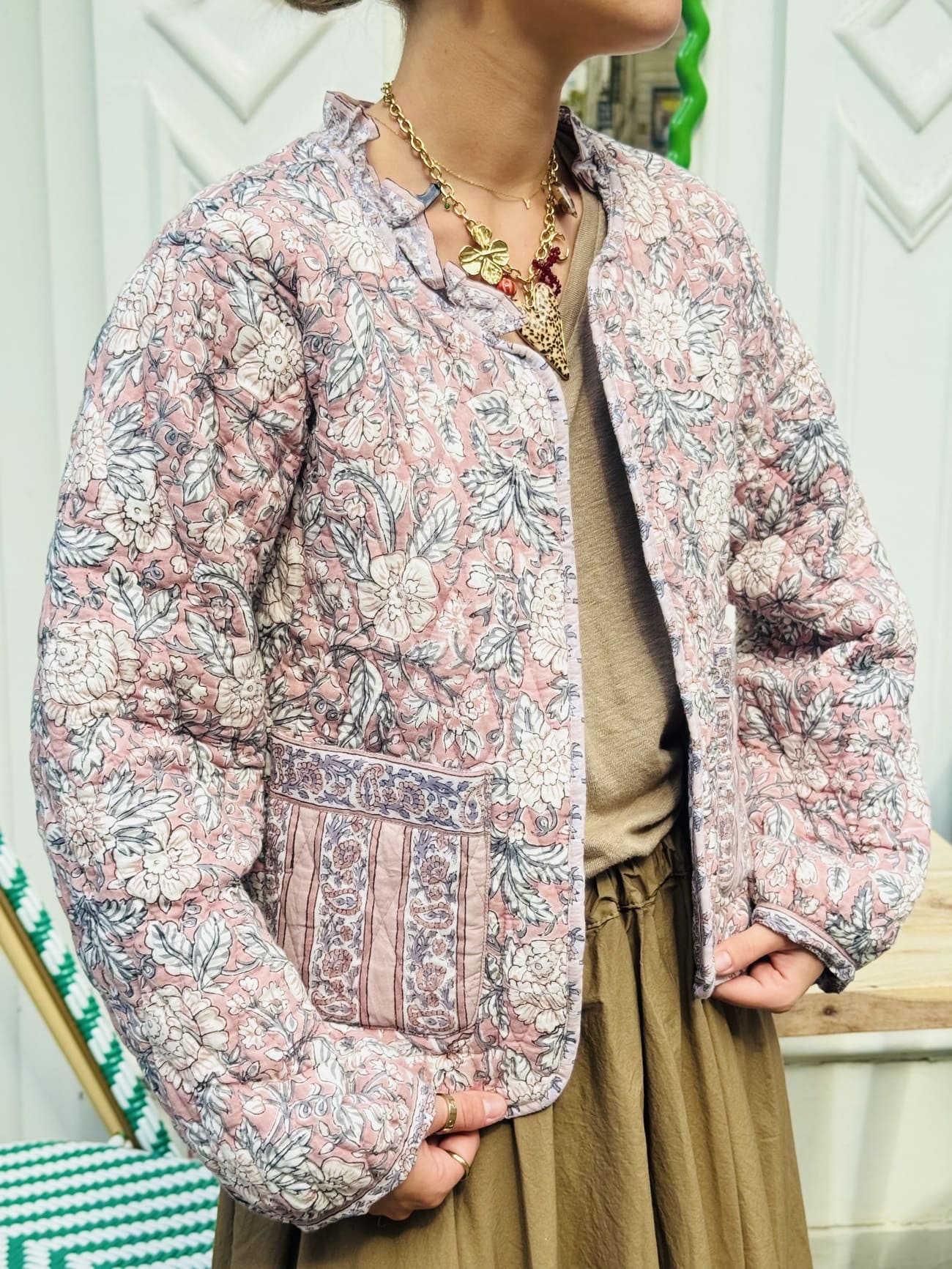 Veste en coton matelassée réversible pour femme rose et beige