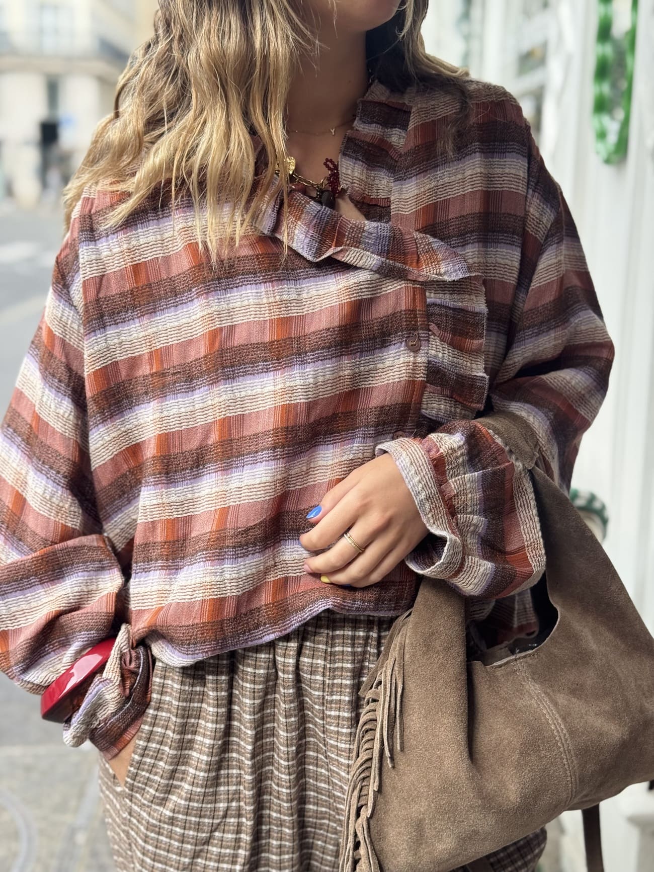 Blouse marron femme à volants, style bohème chic