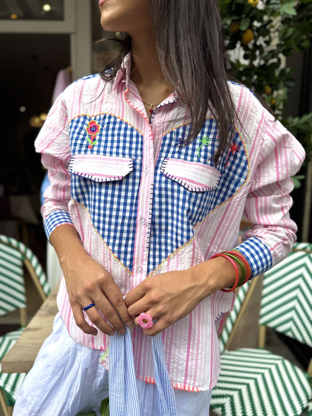 Chemise originale  rayures roses et vichy bleu