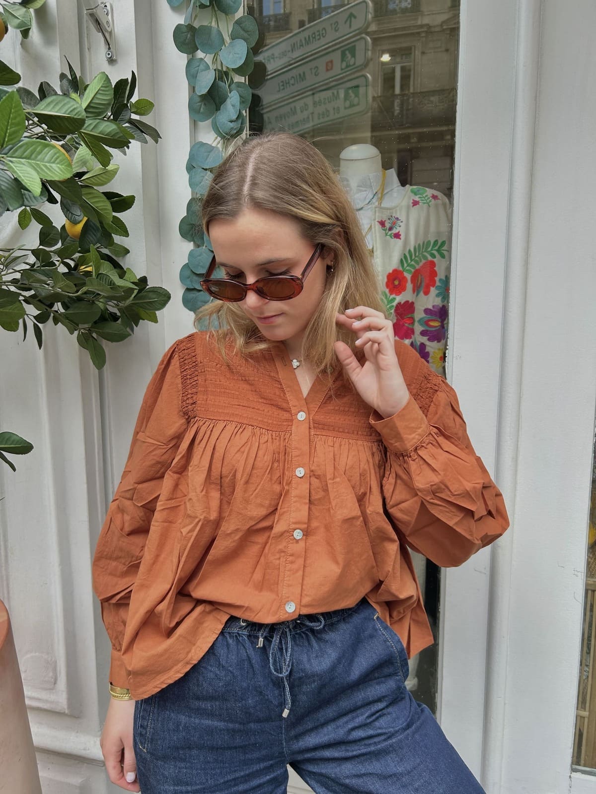 Chemise femme oversize en voile de coton avec plastron gaufré