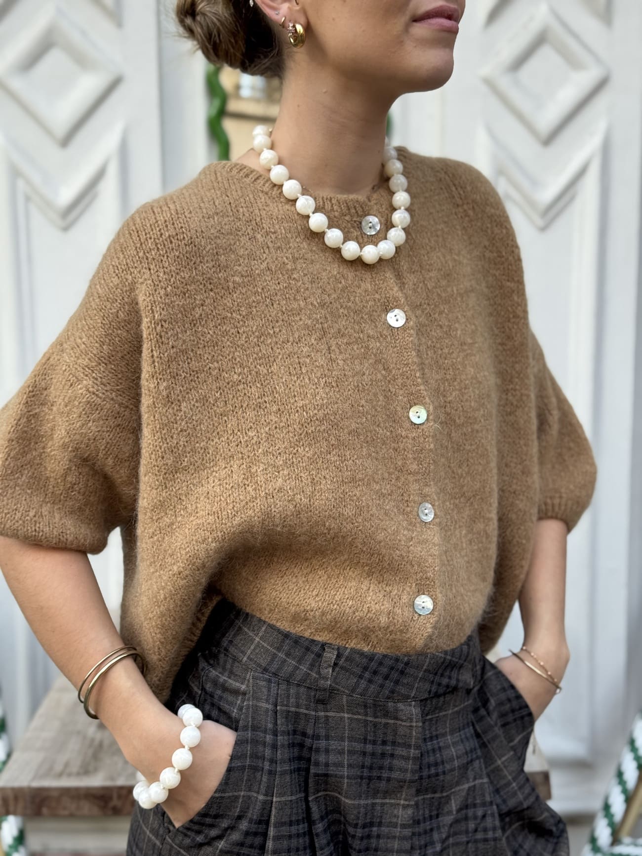 Gilet manches 3/4 camel vu de face