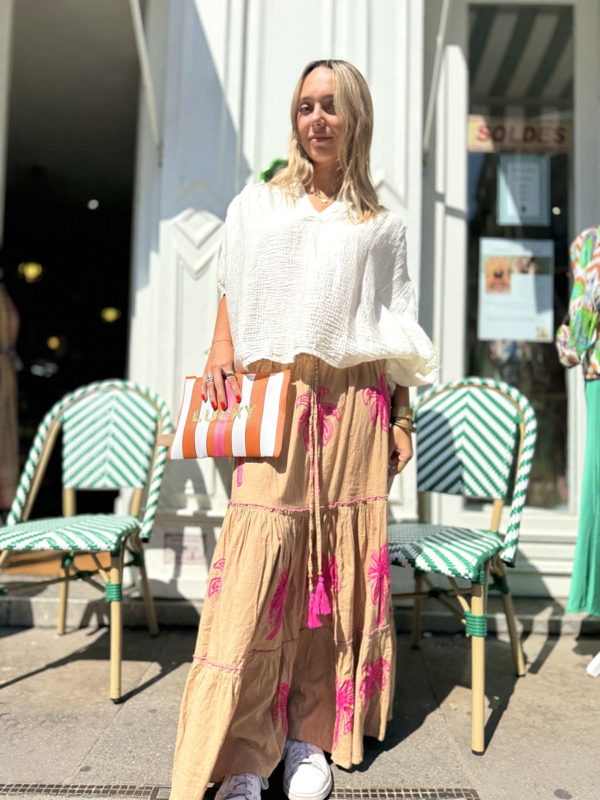 Jupe longue camel palmiers brodés en fuchsia