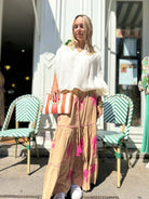 Jupe longue camel palmiers brodés en fuchsia