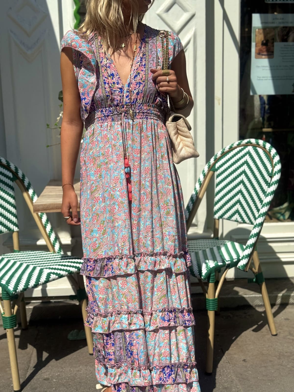 Robe longue Bleu India – vue de face – look bohème chic