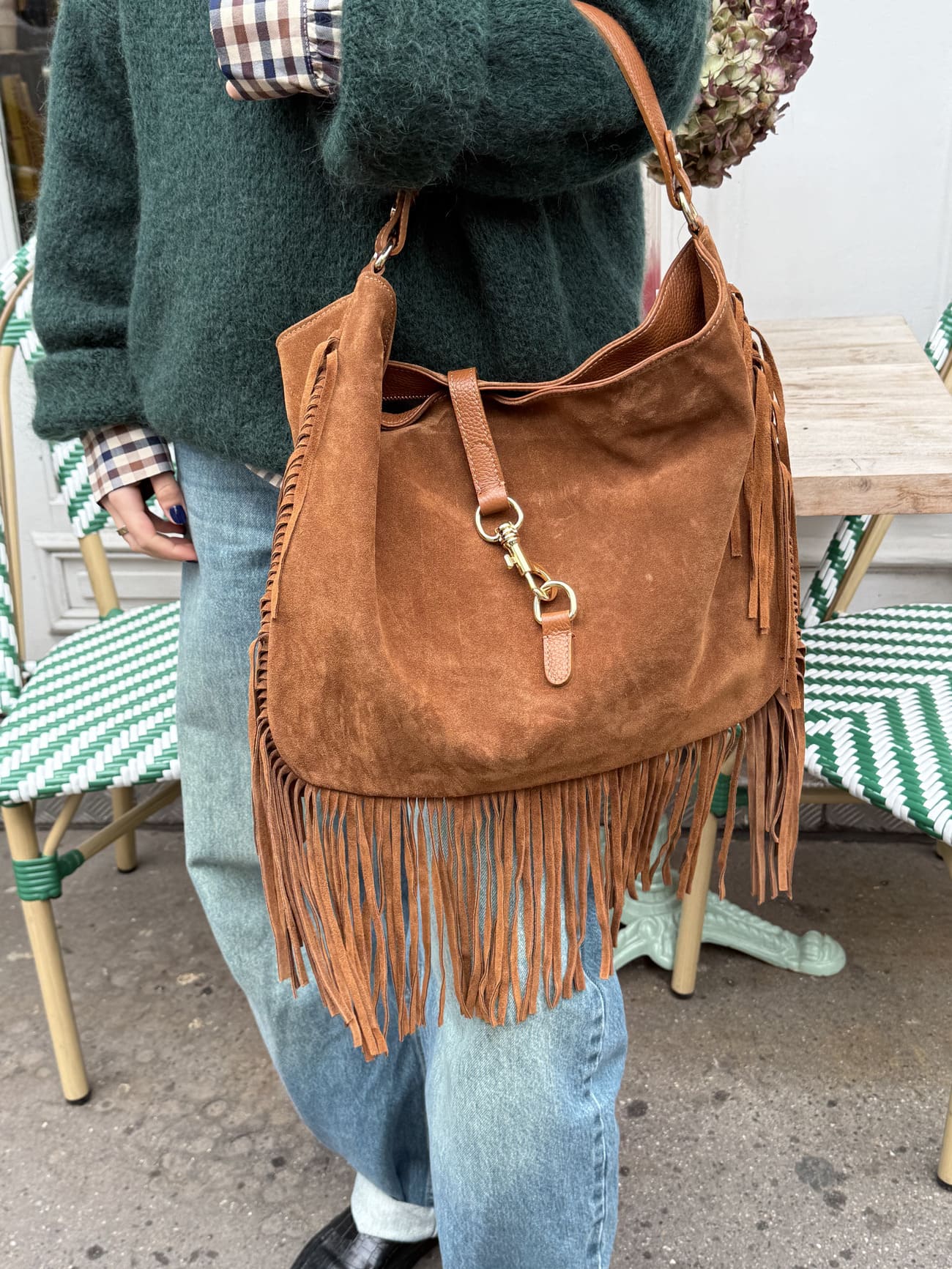 Sac en daim à franges camel vu de face