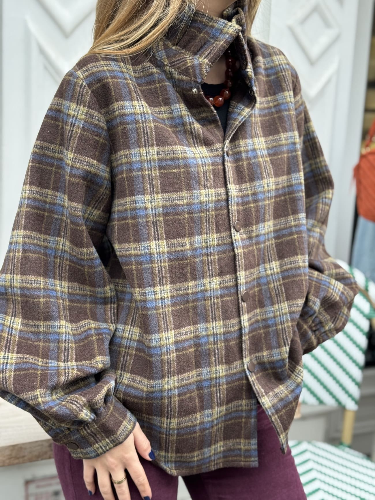 Surchemise pour femme effet laine écossais marron et bleu