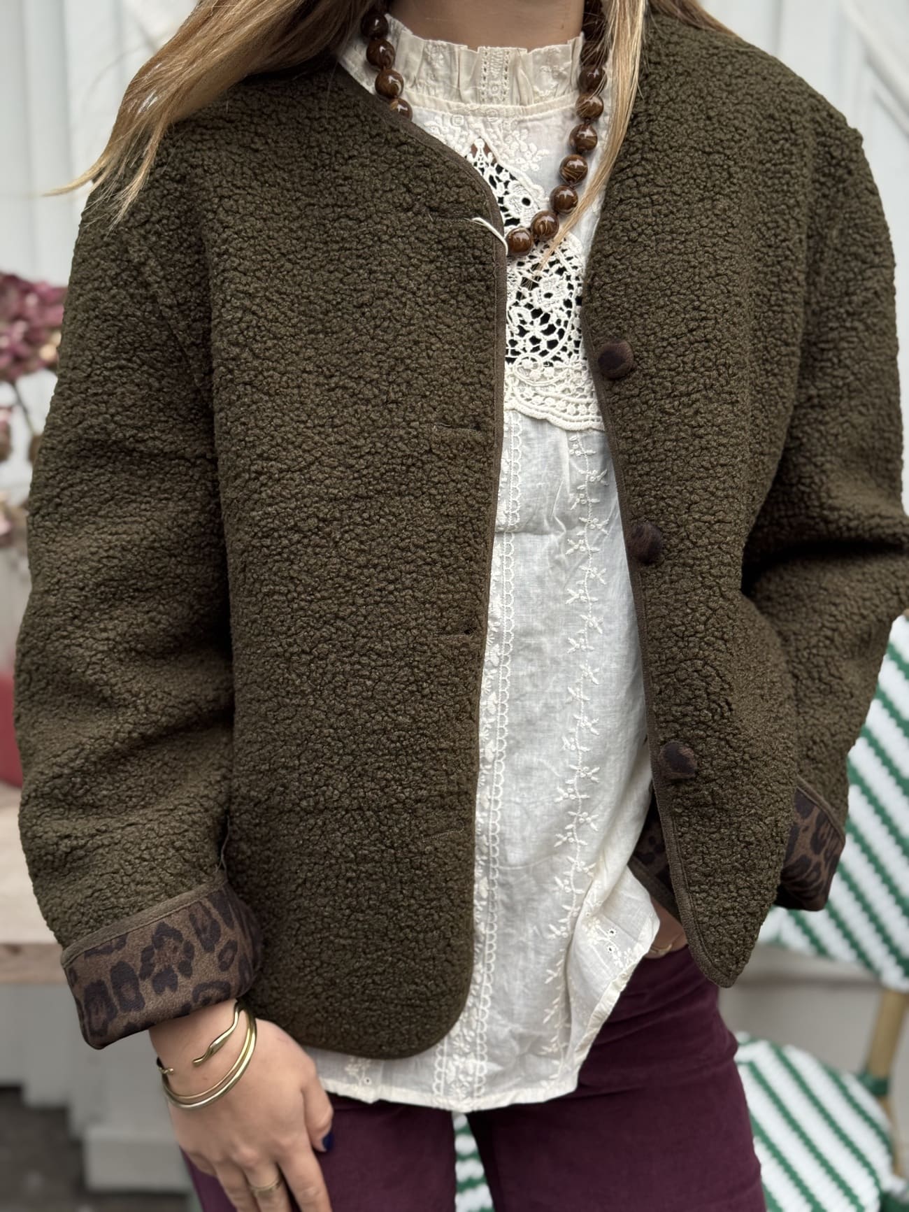 Veste réversible mouton kaki vue de face